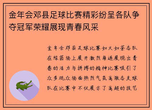 金年会邓县足球比赛精彩纷呈各队争夺冠军荣耀展现青春风采