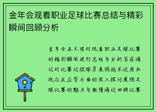 金年会观看职业足球比赛总结与精彩瞬间回顾分析
